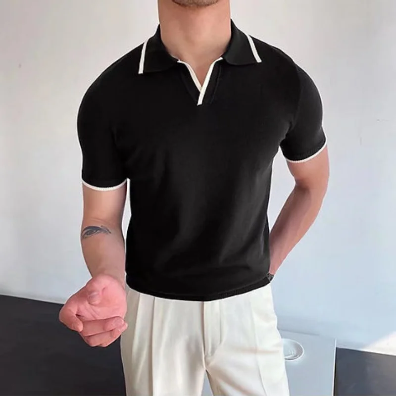 Fashion Simple Casual Summer New Panelled Polo Shirt Men\'s Lapel Patchwork Versatile Short Sleeved Versatile Slim Elasticity Top