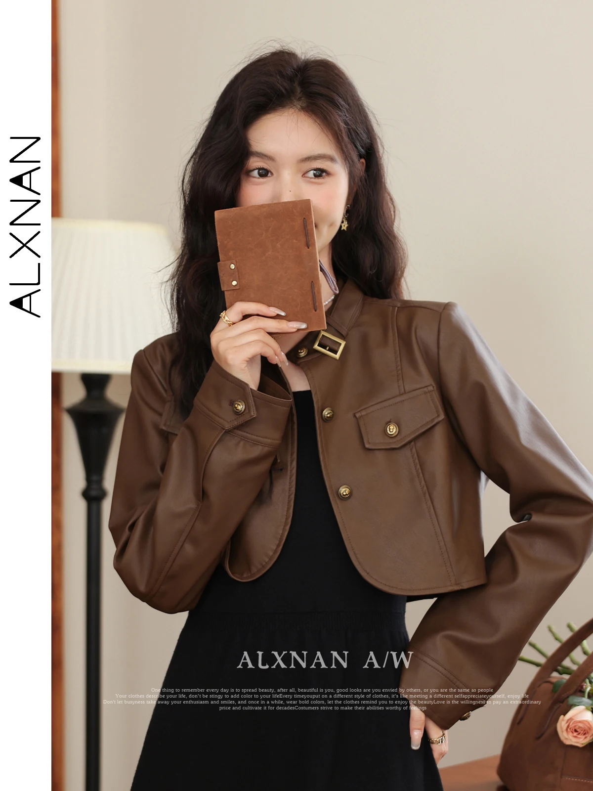 ALXNAN jaket kulit Retro wanita, Luaran crop leher O kancing logam dapat disesuaikan musim gugur dan dingin 2024 dijual terpisah