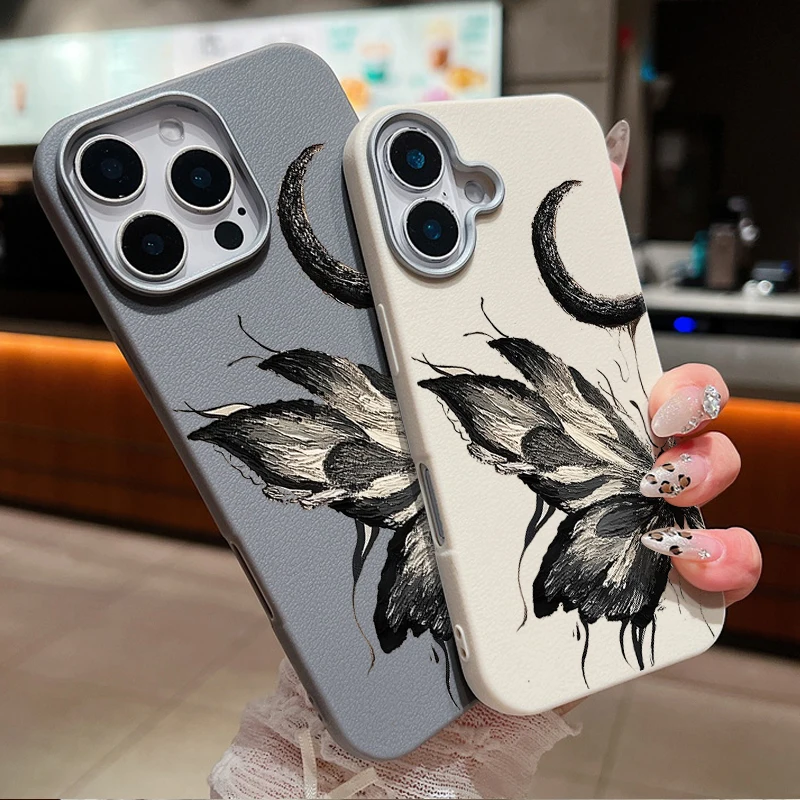 Ink Color Butterfly Case For iPhone 16 Pro Max Coque iPhone 11 12 13 14 15 Pro Max SE Luxury Leather Texture Soft Silicone Cover
