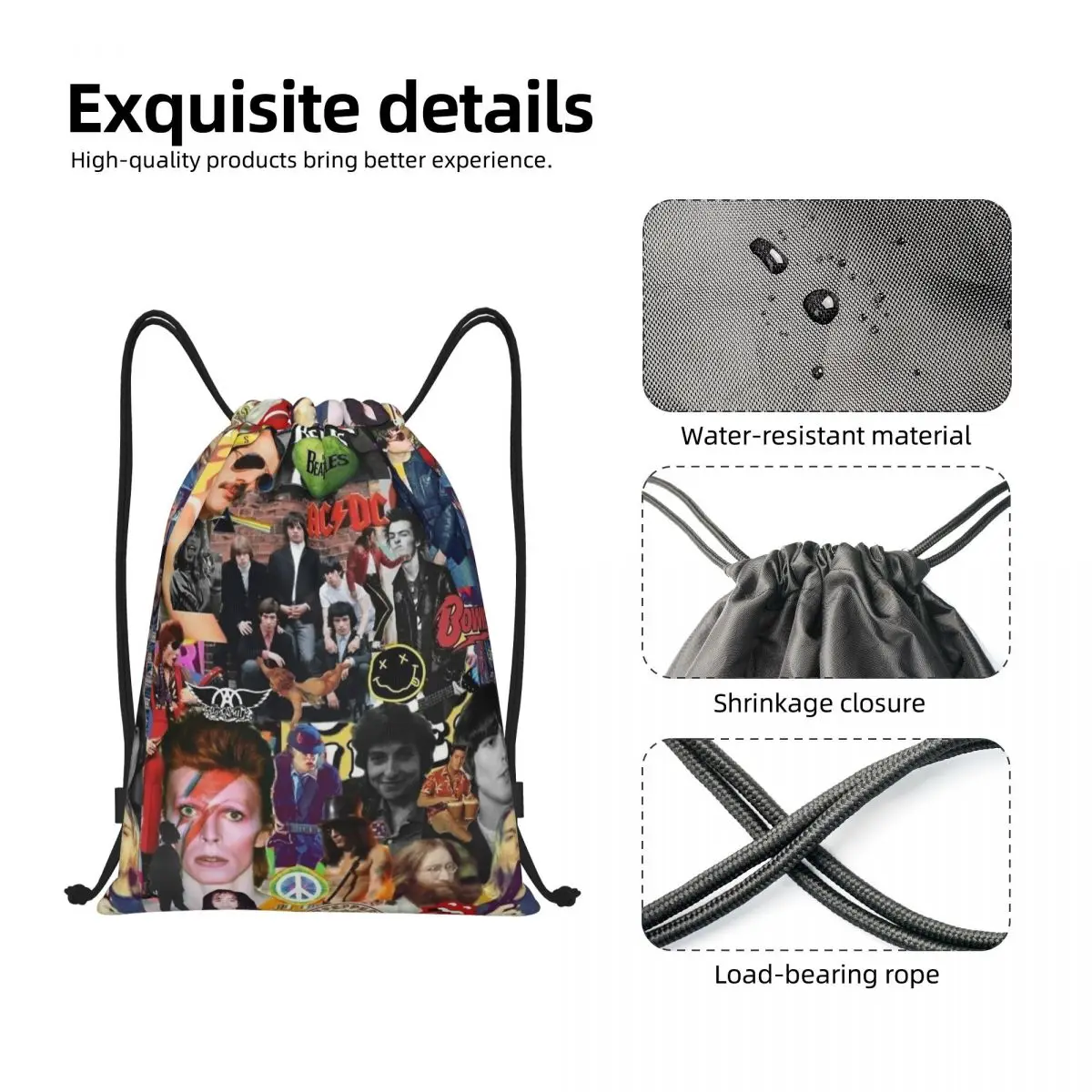 1990s Retro Rock Band Poster Drawstring Bags Sports Backpack Gym Sackpack Vintage Rock Roll String Bag for Exercise