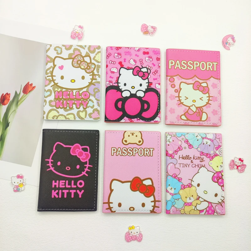 Pink Hello Kitty Passport Cover Sanrio Credit Card Holder Ladies PU Leather Business ID Card Bag Women Passport Holder Kids Gift