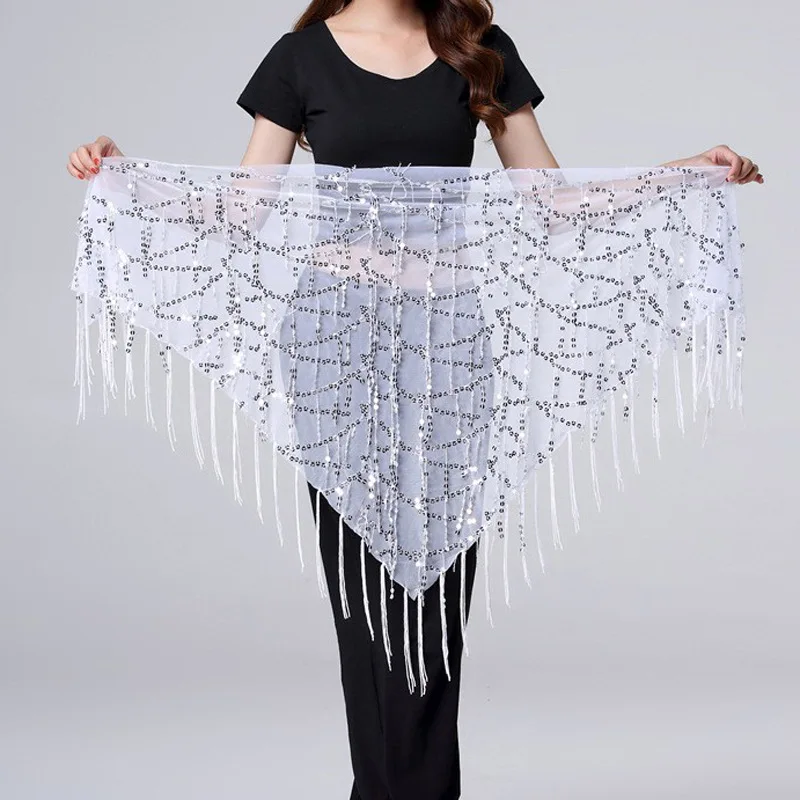 Belly Dance Hip Scarf with Sequins Fringe Triangle Shape Performance Practice Waist Chain Accessories for Women
