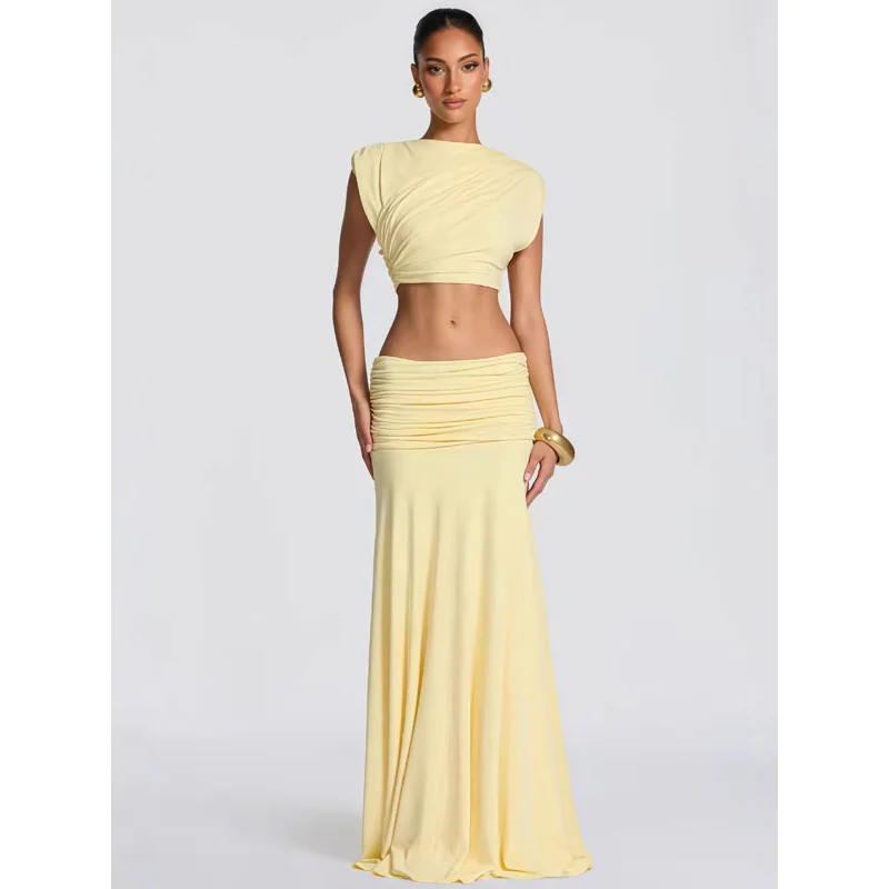 

BKQU Elegant Ruched Two Piece Set Women Sleeveless Crop Top + Long Skirt Fashion Solid Evening Party Matching Outfit 2026 Summer