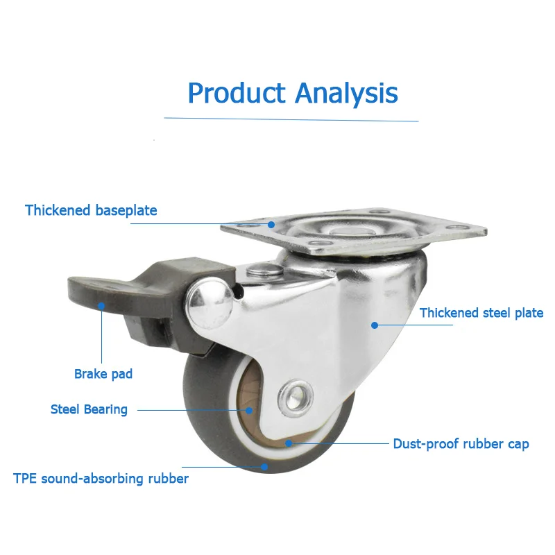 4pcs TPE Soft Rubber Silent Casters 1/1.25/1.5/2 Inch Swivel Casters Brake Casters Furniture Cart Wheels