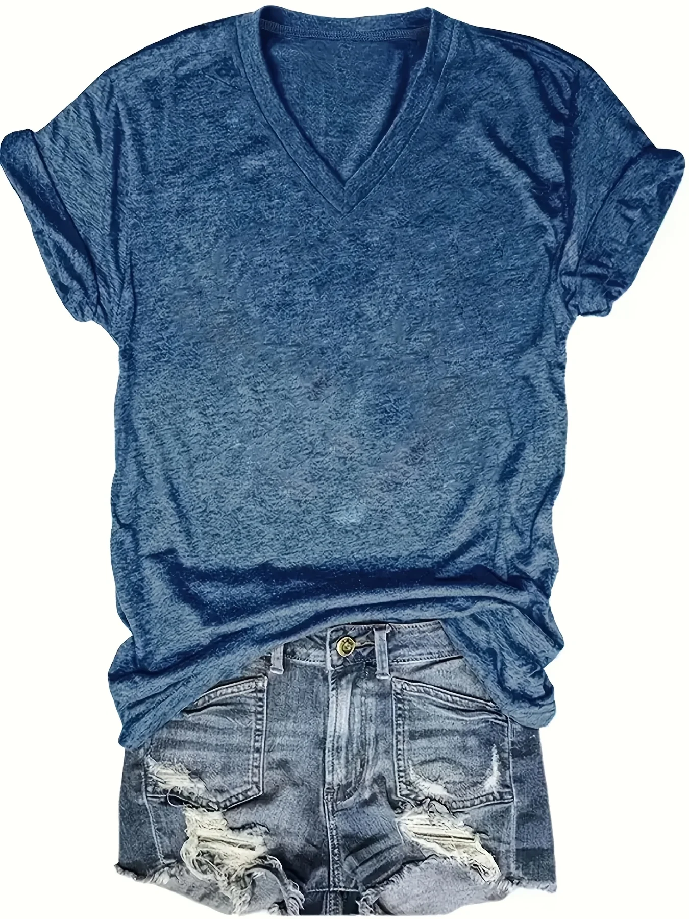 [Von Nianlian ausgewählt] Einfarbiges T-Shirt mit V-Ausschnitt, lässiges T-Shirt mit kurzen Ärmeln für Frühling und Sommer, Damenbekleidung. – Detail 3