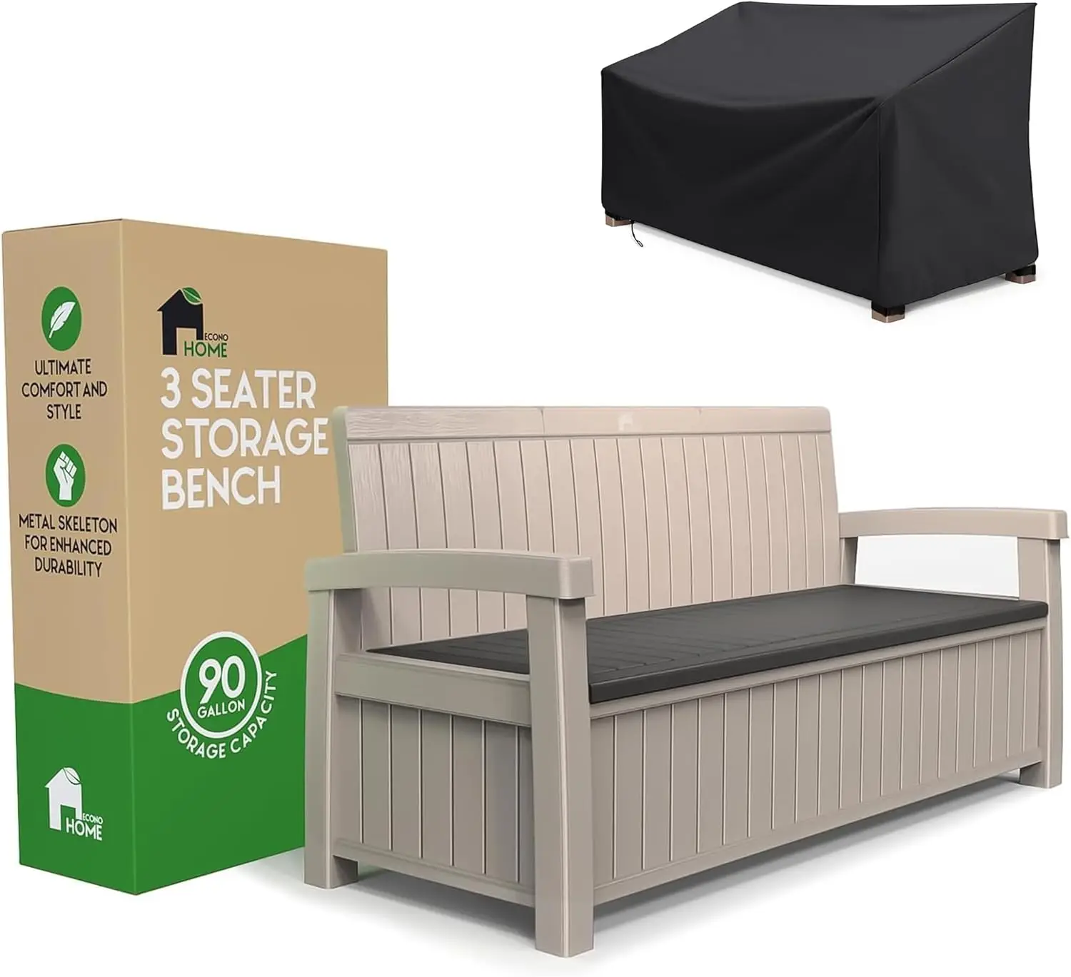 3 Seat Outdoor Storage Bench with Rain Cover - 90 Gallon Capacity - Weatherproof Resin Bench for Patio Porch Garden Yard