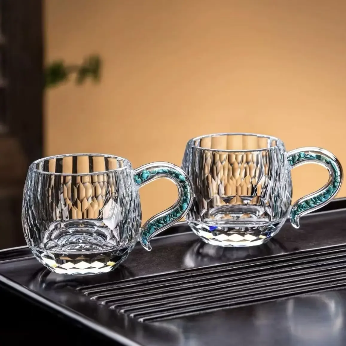 1Pcs high-grade turquoise teacup women's thickened faceted high value, teacup crystal glass teacup