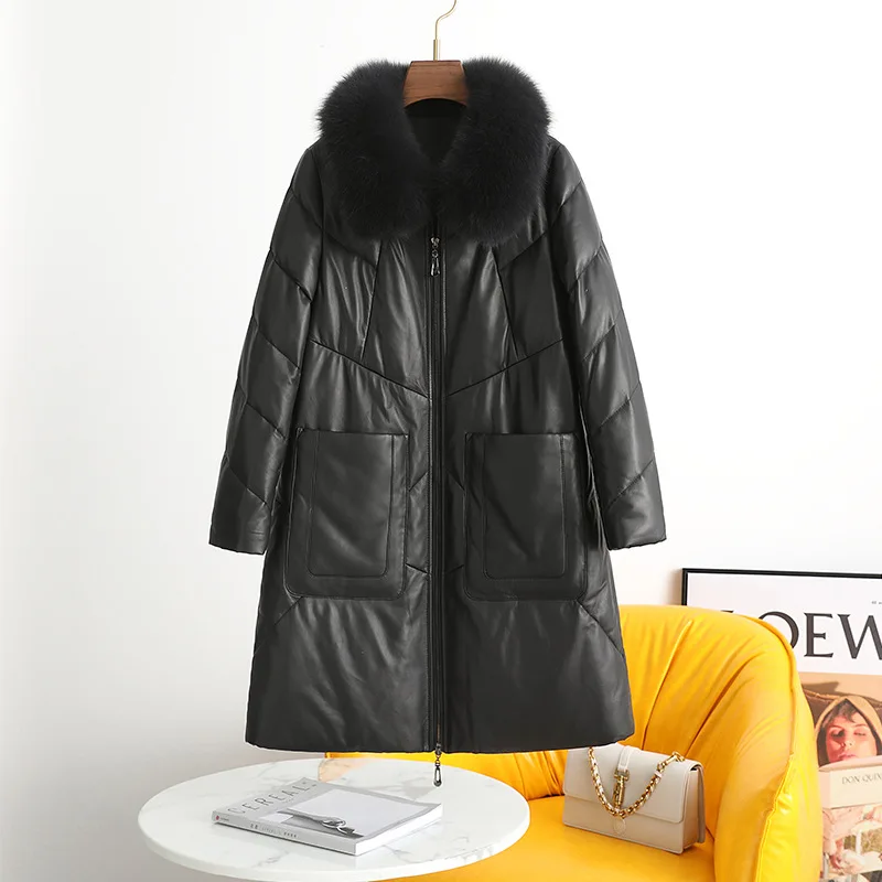 

2024 New Haining Sheepskin genuine leather jacket, down jacket, medium length fox fur collar, fashionable and versatile jacket