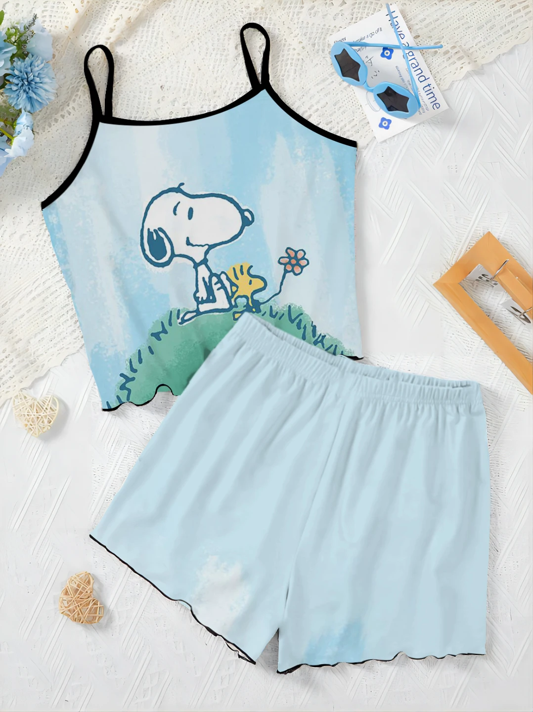 Short Sets for Women 2 Pieces Lettuce Trim Pajama Skirt Home Dress T-shirt Snoopy Women's Suit Elegant Summer Clothes 2024 Top