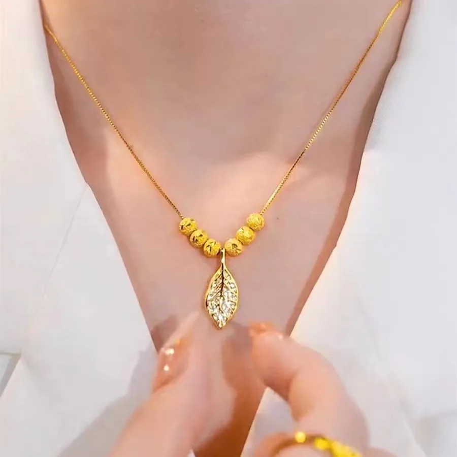 AU999 Pure Gold Jade Leaf Necklace Temperament Womens Leaf Gold Bead Pendant 24K Clavicle Chain Metal Seal