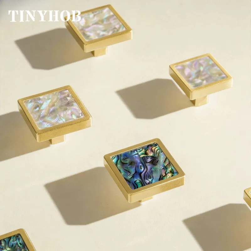 Natural Abalone Shell Square Cabinet Knob Gold Brass Drawer Knob Luxury Furniture Handle for Wardrobe Cupboard Dresser Hardware