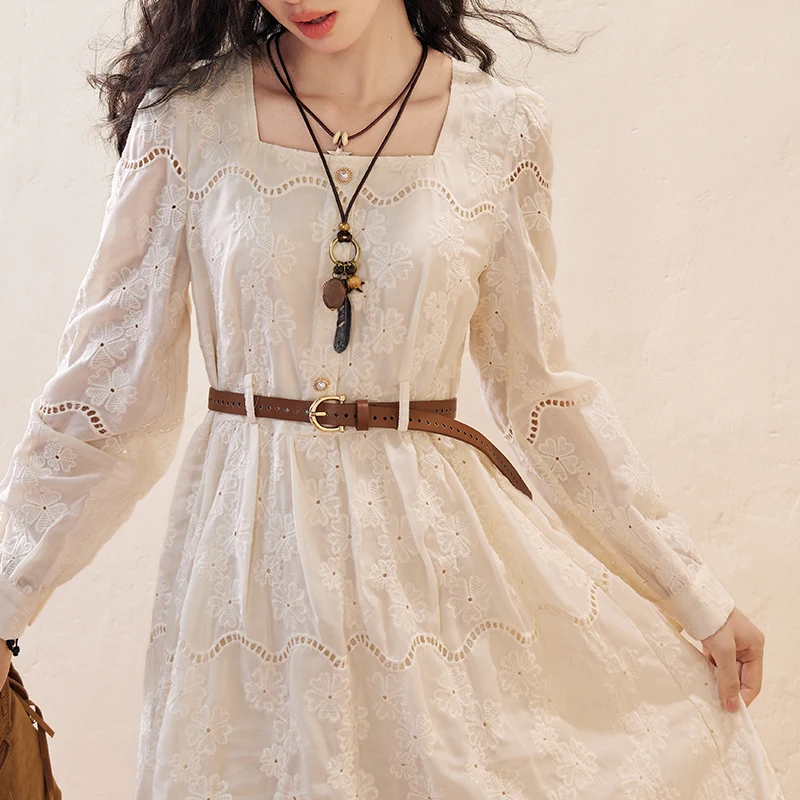 ARTKA 2023 Autumn New Women Dress Elegant Lace Embroidery Square Neck Dresses Long Sleeve White Midi Dress With Belt LA92530Q