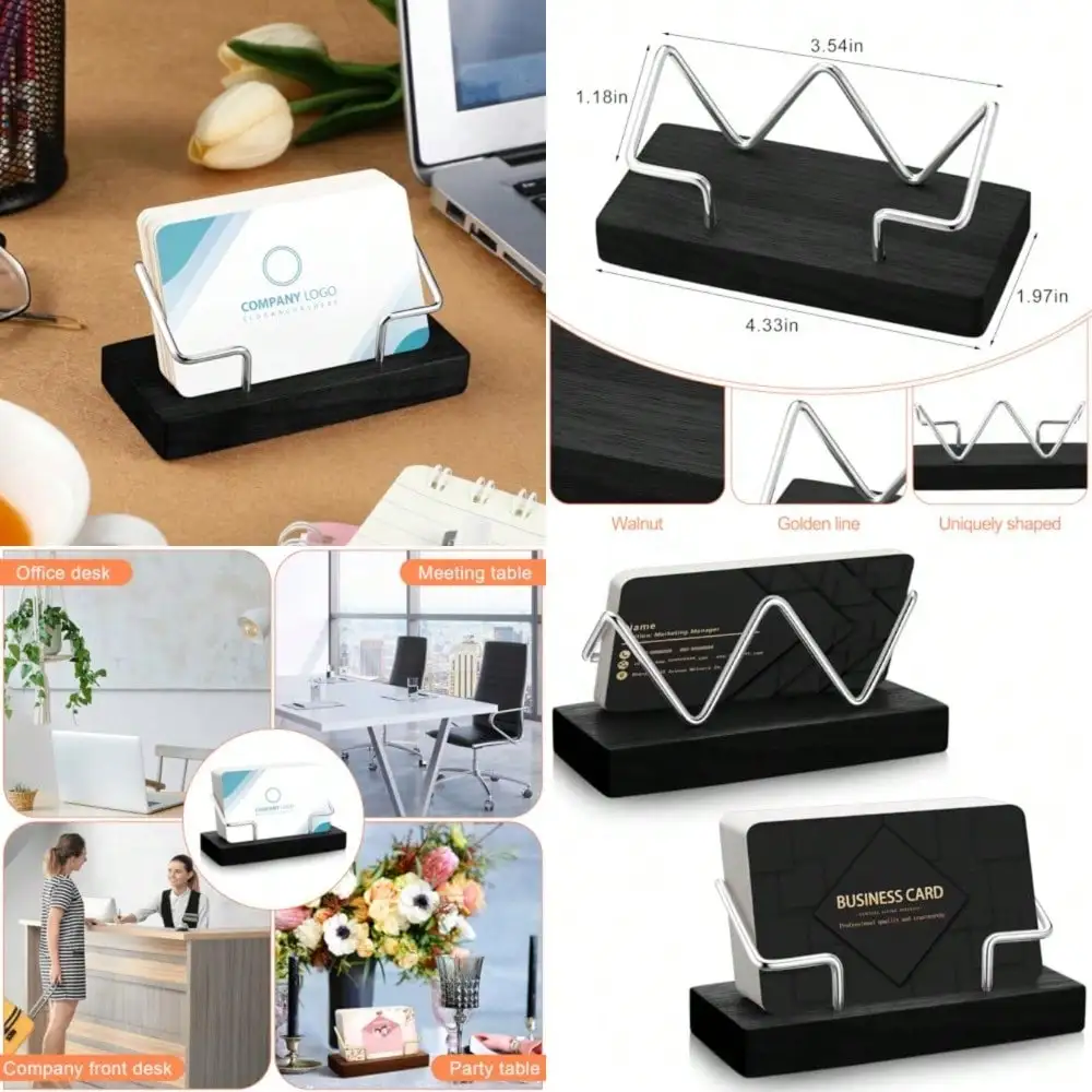 2 Pieces Wood Business Card Holder For Desk Wooden Business Card Display Stand Postcard Holder For Office Home Desktop Black, Silver image 2