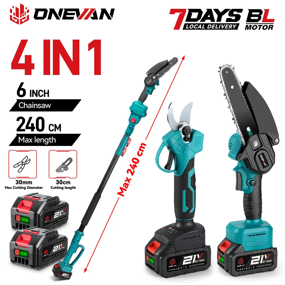 Scie et cisailles électriques ONEVAN Brushless 4 en 1, 6 pouces, pour l'élagage des hautes branches, avec perche télescopique, outil électrique compatible avec la batterie Makita.