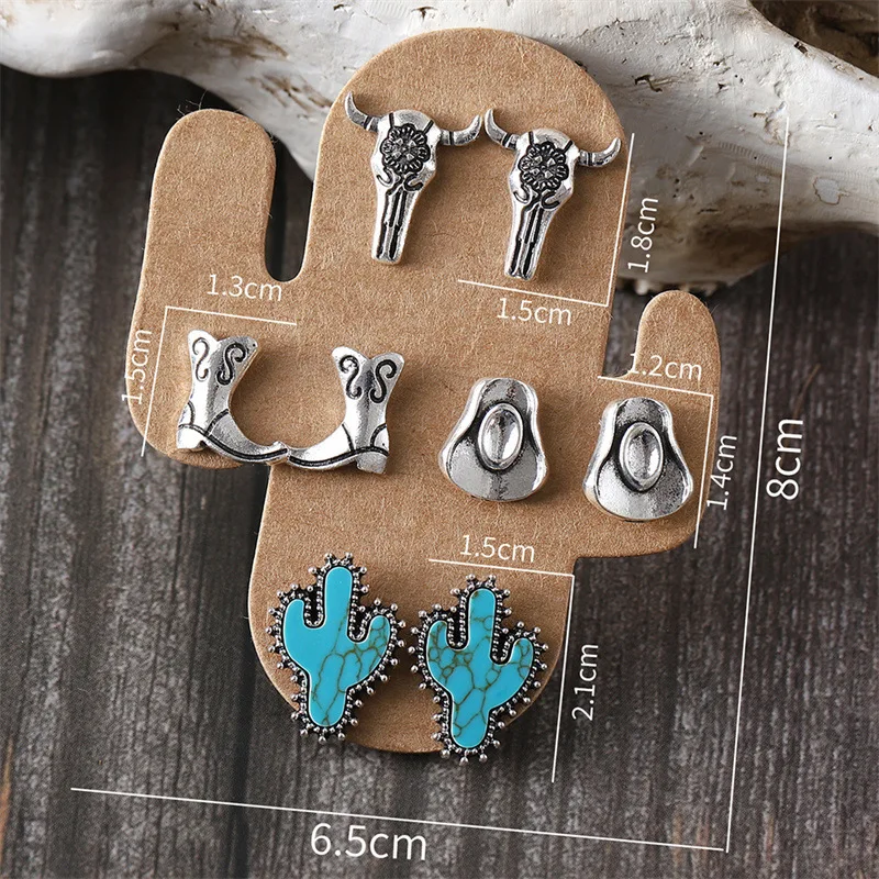 4 Pairs of Western Style Earrings for Women Steer Bull Head/Cowboy Boot Hat/Turquoise Cactus Stud Earrings Pack Western Country