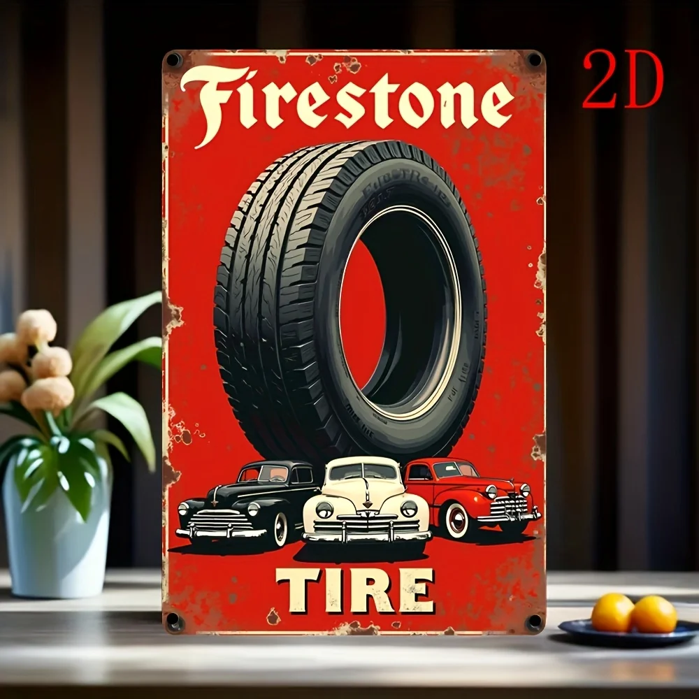 2D Plane - Vintage Firestone Tire Metal Sign - Retro Wall Decor Plaque Classic Car Design Featuring a Large Tire Graphic