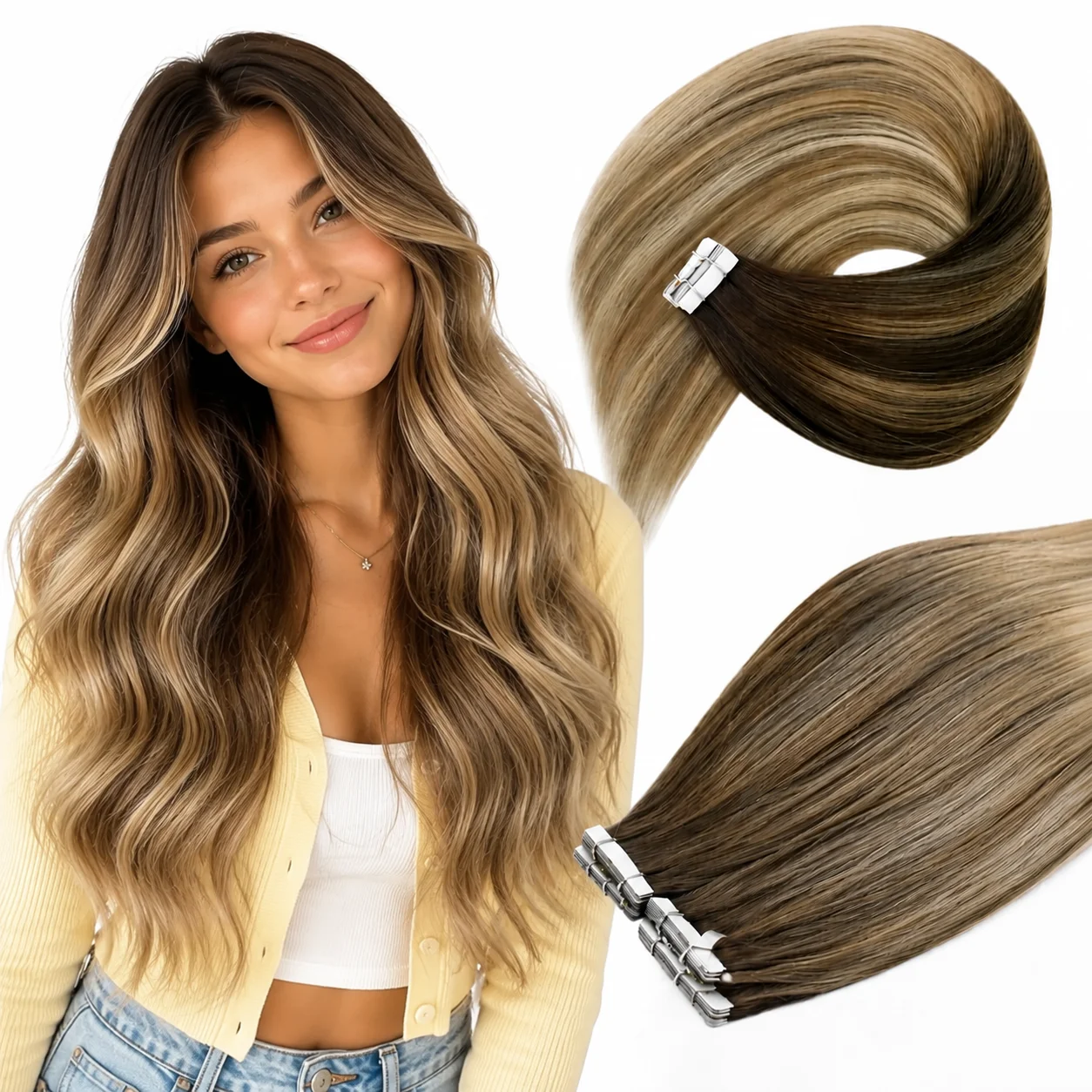Invisible Tape In Extensions Real Hair - VeSunny Tape-in-Haarverlängerungen, Echthaar, Balayage-Farbe, echtes Naturhaar,
