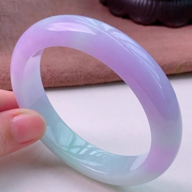 Violet Jadeite for Women, Burmese Authentic Noble Lady Bracelet, Icy and Smooth, Semi-Translucent with Purple Veins