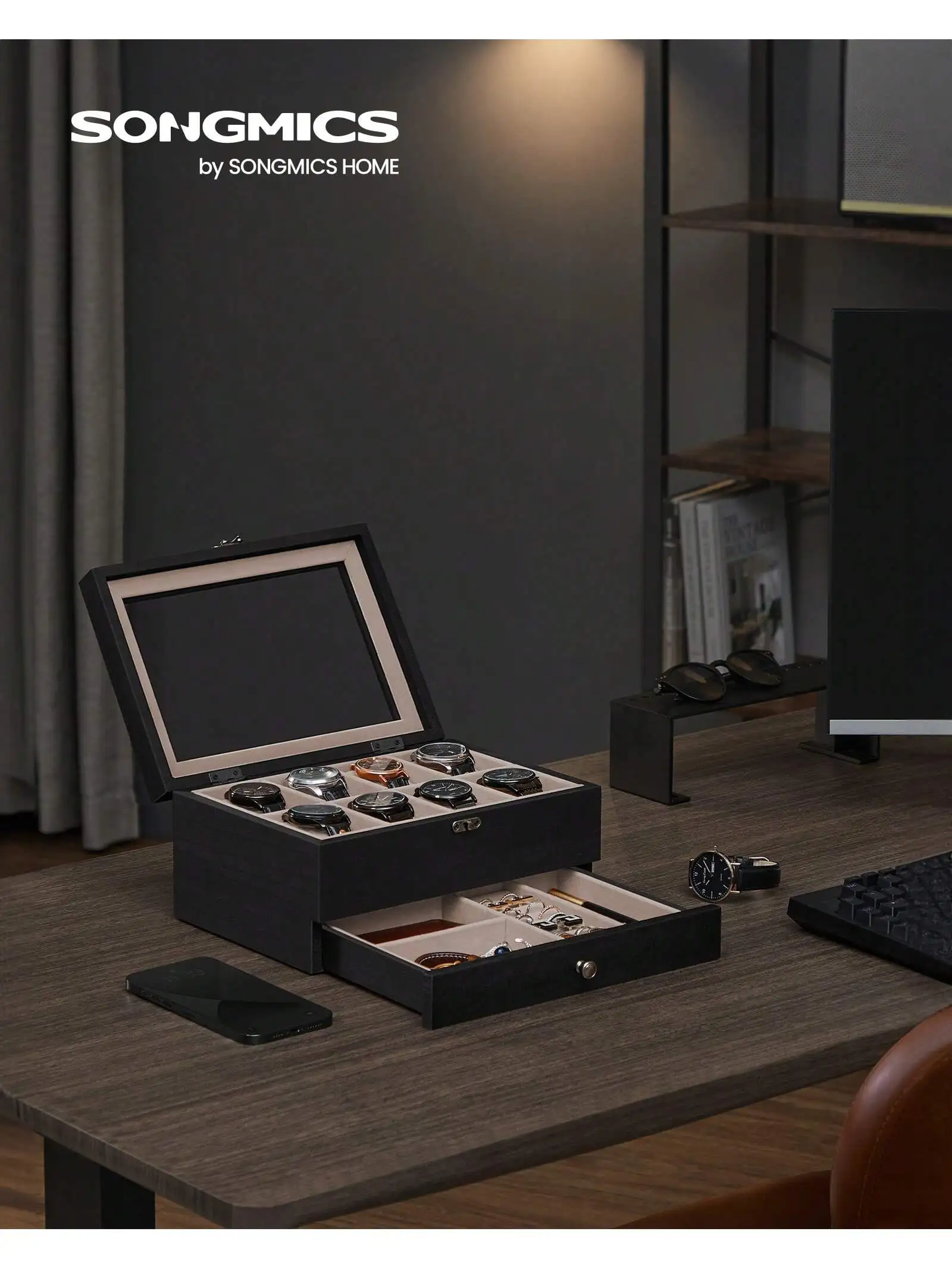 SONGMICS scatola per orologi in legno a 2 livelli a 8 Slot, coperchio in vetro grande, fodera in velluto, ebano nero, portagioie, regalo per i propri cari