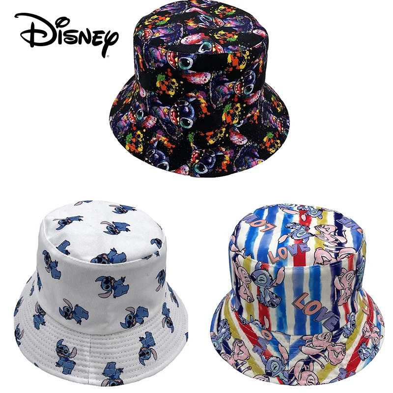 Anime Figure Disney Stitch Fisherman Hat Graffiti Black Cartoon Colorful Full Printing Adult Fashion Round Cap Sunscreen Sun Hat