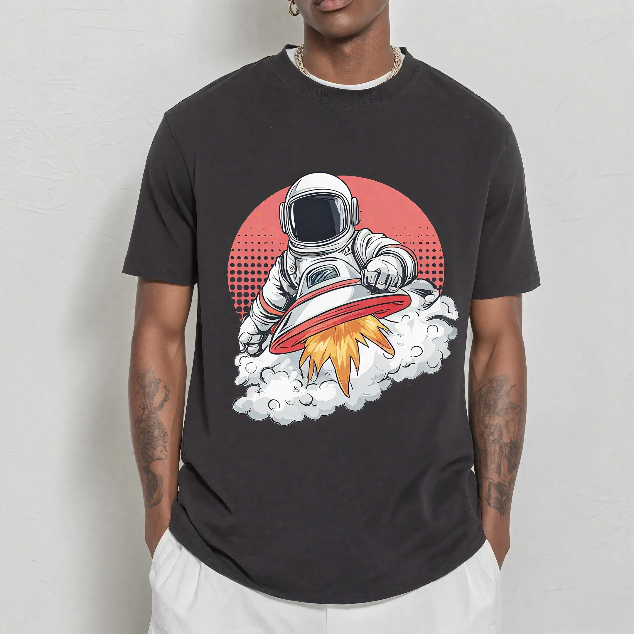 

Teevo Men's Short Sleeve T-Shirt Astronaut Riding UFO Graphic Print Casual Daily Wear