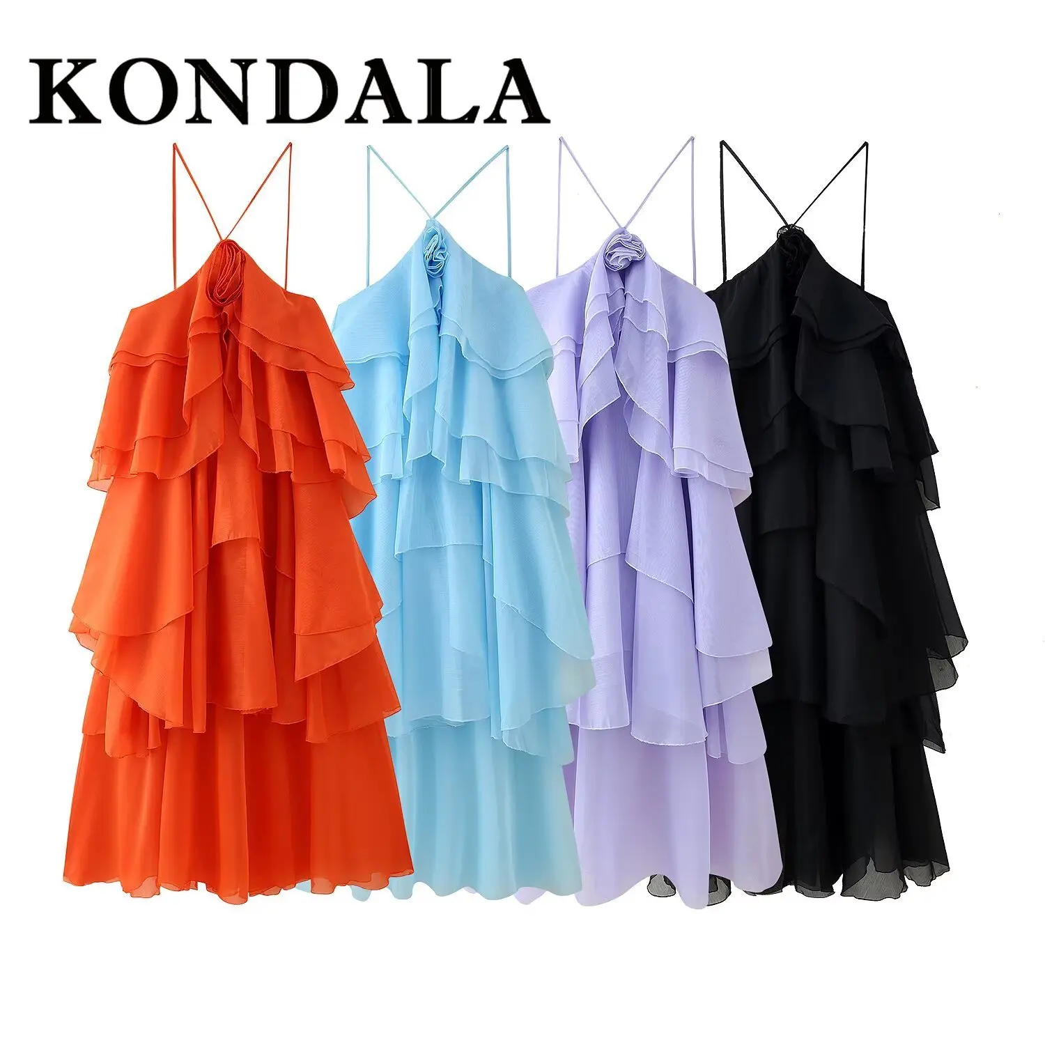 ชุดเดรสยาวเปิดหลังสีส้มลายดอกกุหลาบฤดูร้อน KONDALA แฟชั่น 2025 สายเดี่ยวทรงระบาย ชุดเดรสยาวสไตล์โบฮีเมียนสำหรับวันหยุดพักผ่อน Y2K