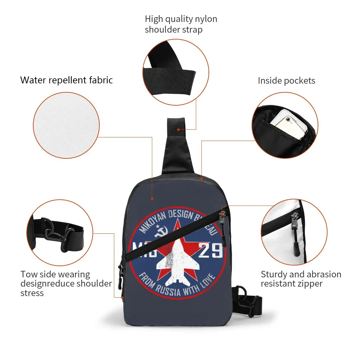 Mikoyan MiG-29 Russia With Love Jet Fighter Sling Chest Bag Custom Pilot Crossbody Shoulder Backpack for Men Traveling Daypack