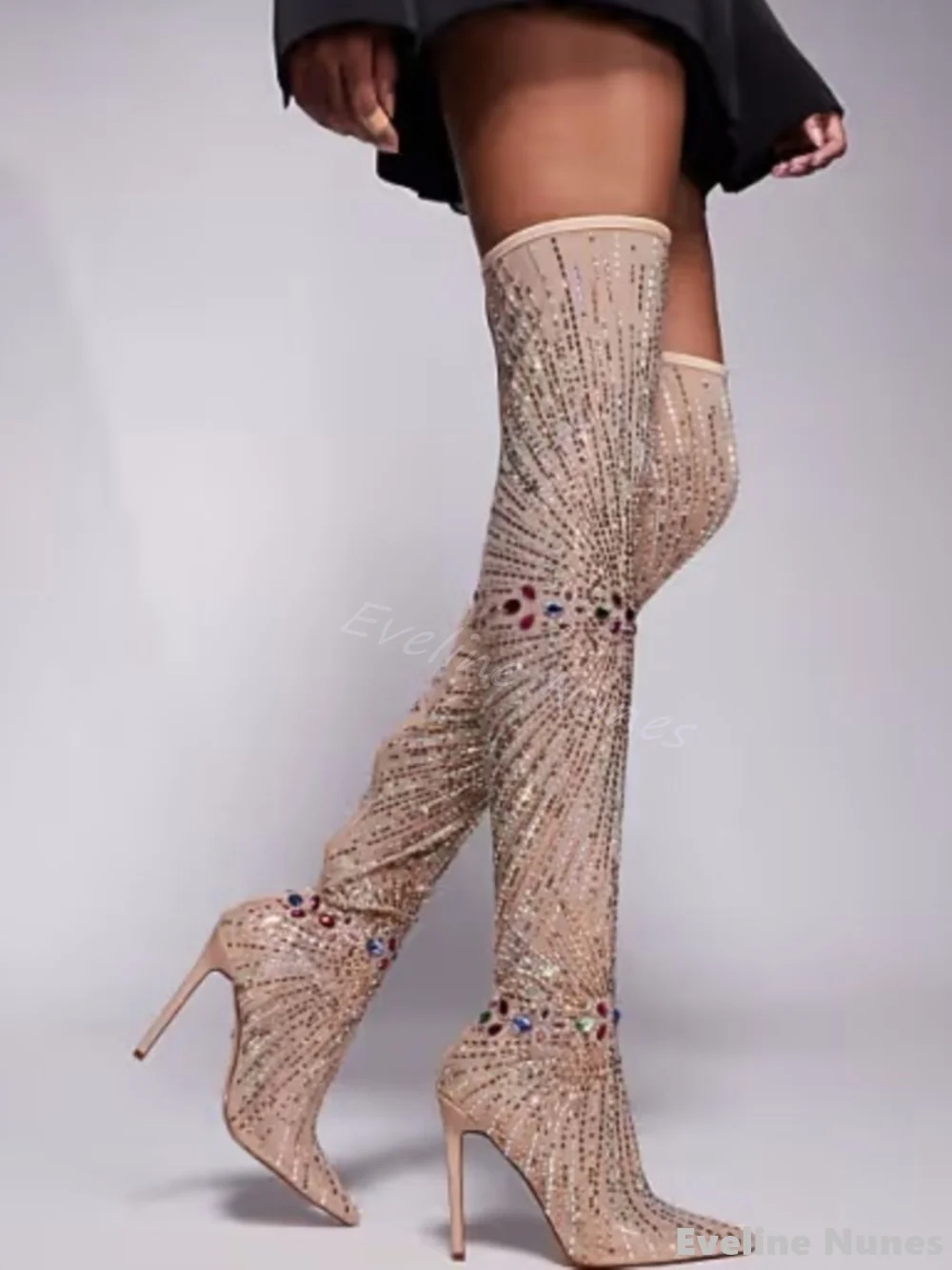 

Shiny Rhinestone Over-the-knee Boots Women Stiletto Heel Pointed Toe Side Zipper Boots Luxury Banquet Street Shot Stage Boots