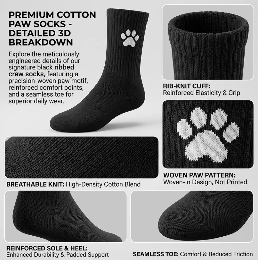 Soft and cute cat paw embroidery mid tube socks for women, anti slip and non falling tube, slimming black and white basic style
