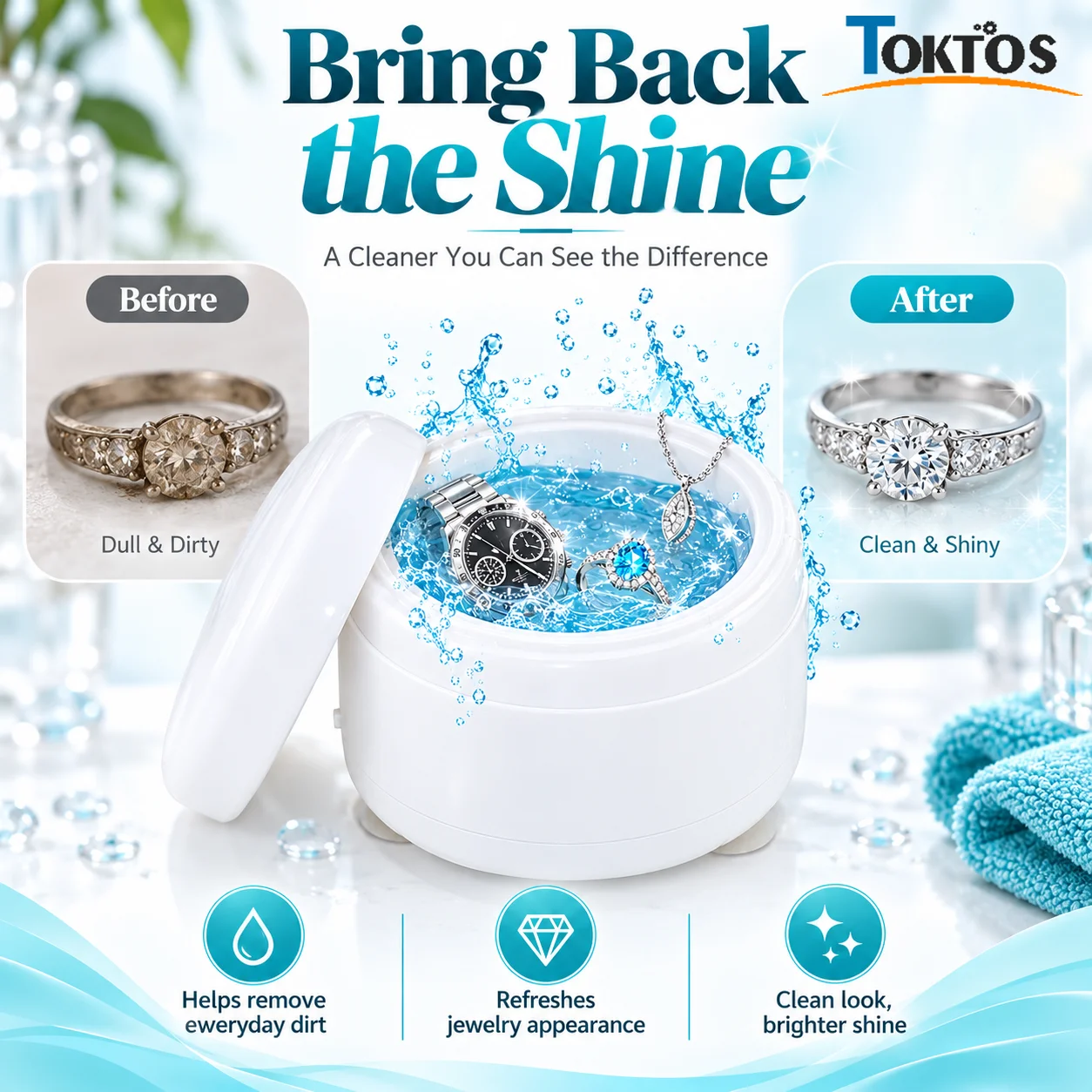 TOKTOS 150ml Portable Ultrasonic Jewelry Cleaner Battery Powered Cleaning Machine for Rings Earrings Necklaces Watches