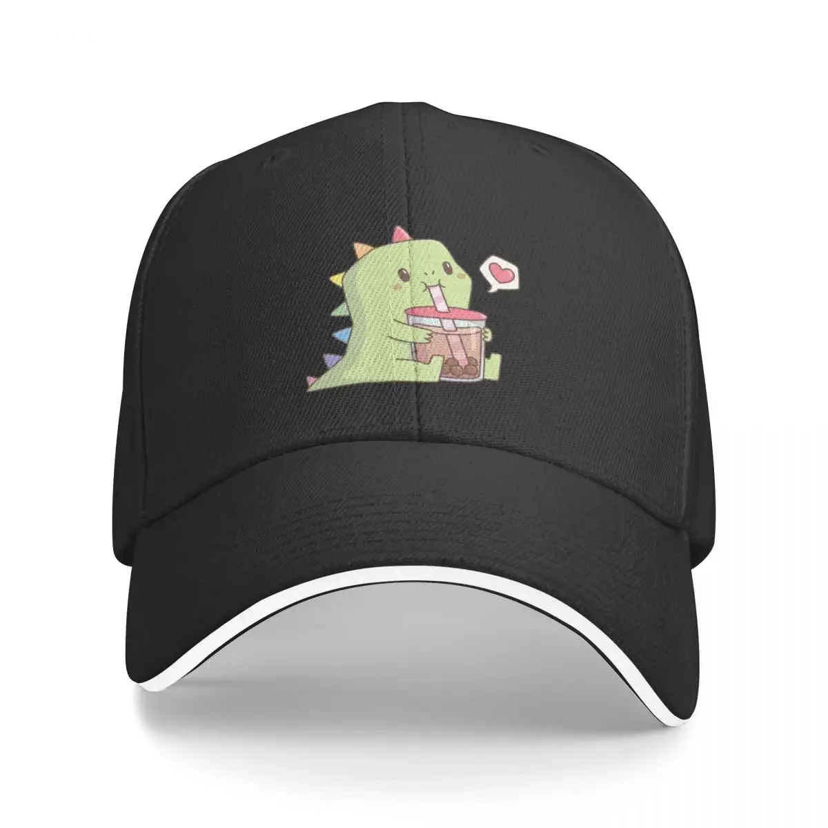 Cute Dino with Rainbow Spikes Loves Bubble Tea Baseball Cap funny hat Custom Cap Military Cap Man Designer Man Women's