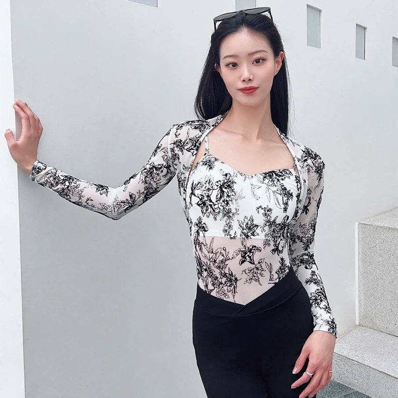 New Latin Dance Clothes Women Long Sleeves Tops Bodysuit 2Pcs Suit Adult Rumba Ballroom Dance Practice Performance Wear DNV21470