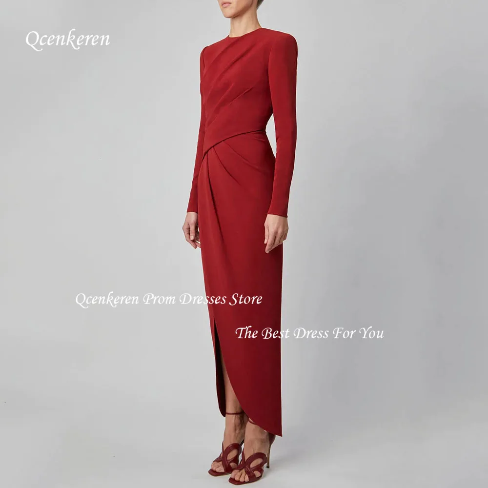 Qcenkern-Robe de Soirée Rouge à Manches sulfet Col Rond pour Femme, Tenue Formelle pour Occasions Spéciales, Mariage Saoudien, Sirène, 2023