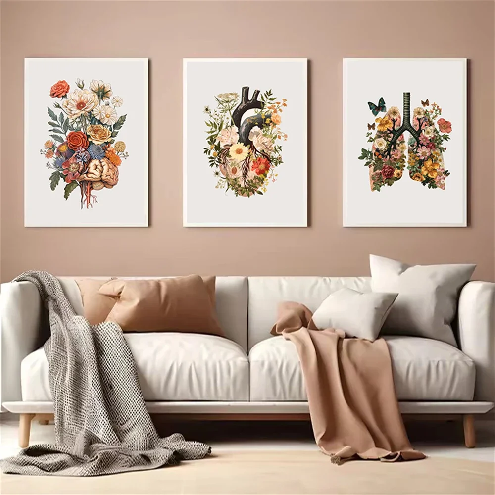 Vintage Human Anatomy Heart Lung Brian Posters Wall Art Canvas Painting Medical Print Plant Floral Wall Pictures Clinic Decor view 4