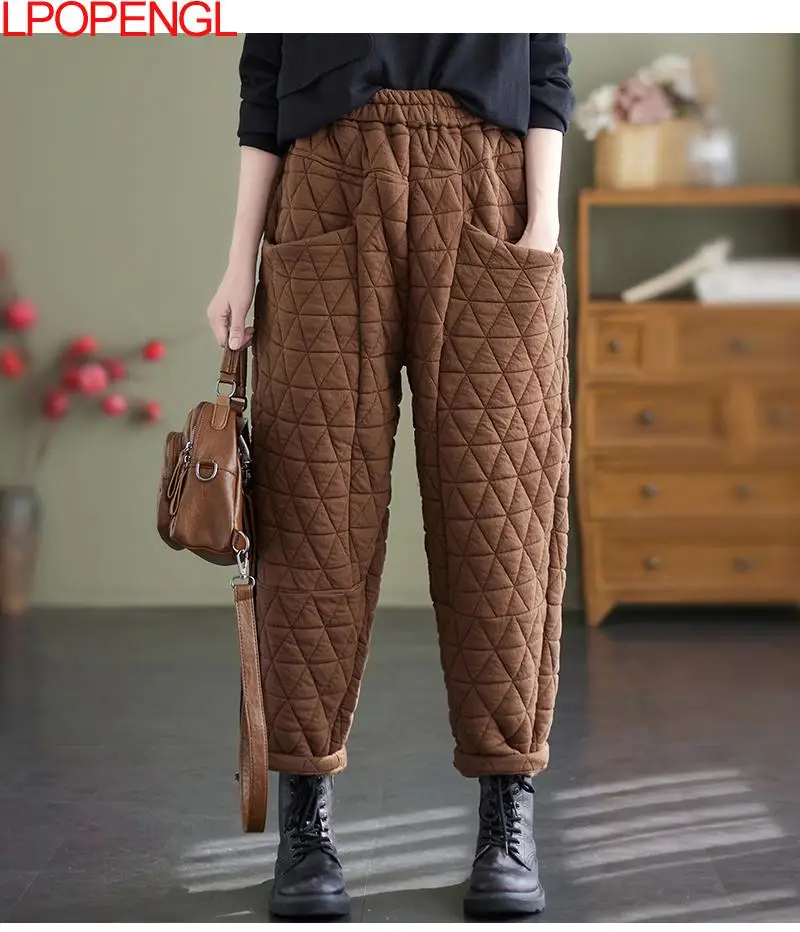 Women Warm Quilted Pants Elastic Waist Loose Solid Color Thick Trousers 2023 Autumn Winter New Vintage Pocket Casual Harem Pants