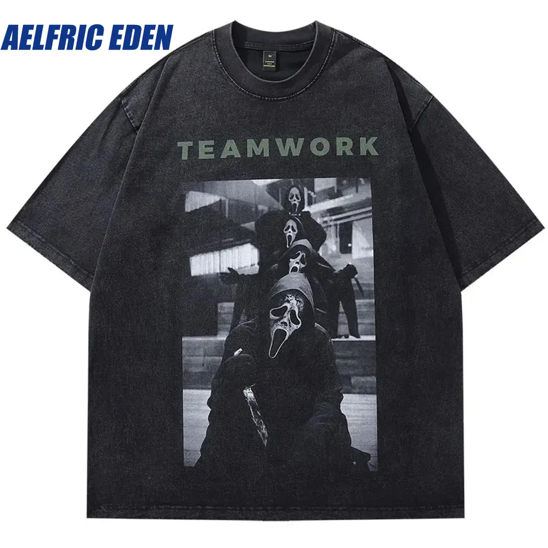 Aelfric Eden Men Black Oversized Tshirt Vintage Graphic Print Punk Gothic Washed T-Shirt 2024 Hip Hop Loose Shirts Harajuku Tops