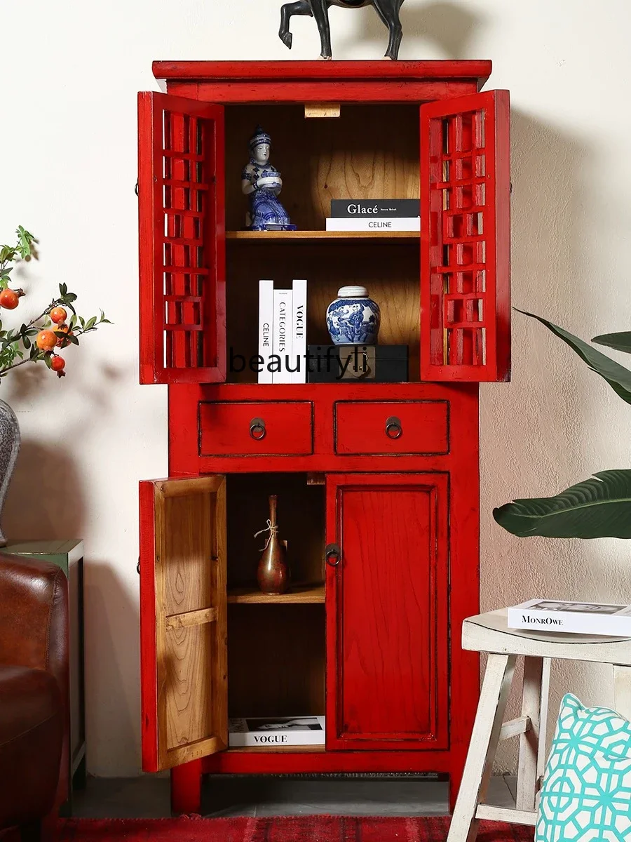 

New Chinese imitation classical furniture solid wood red paint bookcase modern storage bedroom cabinet matching