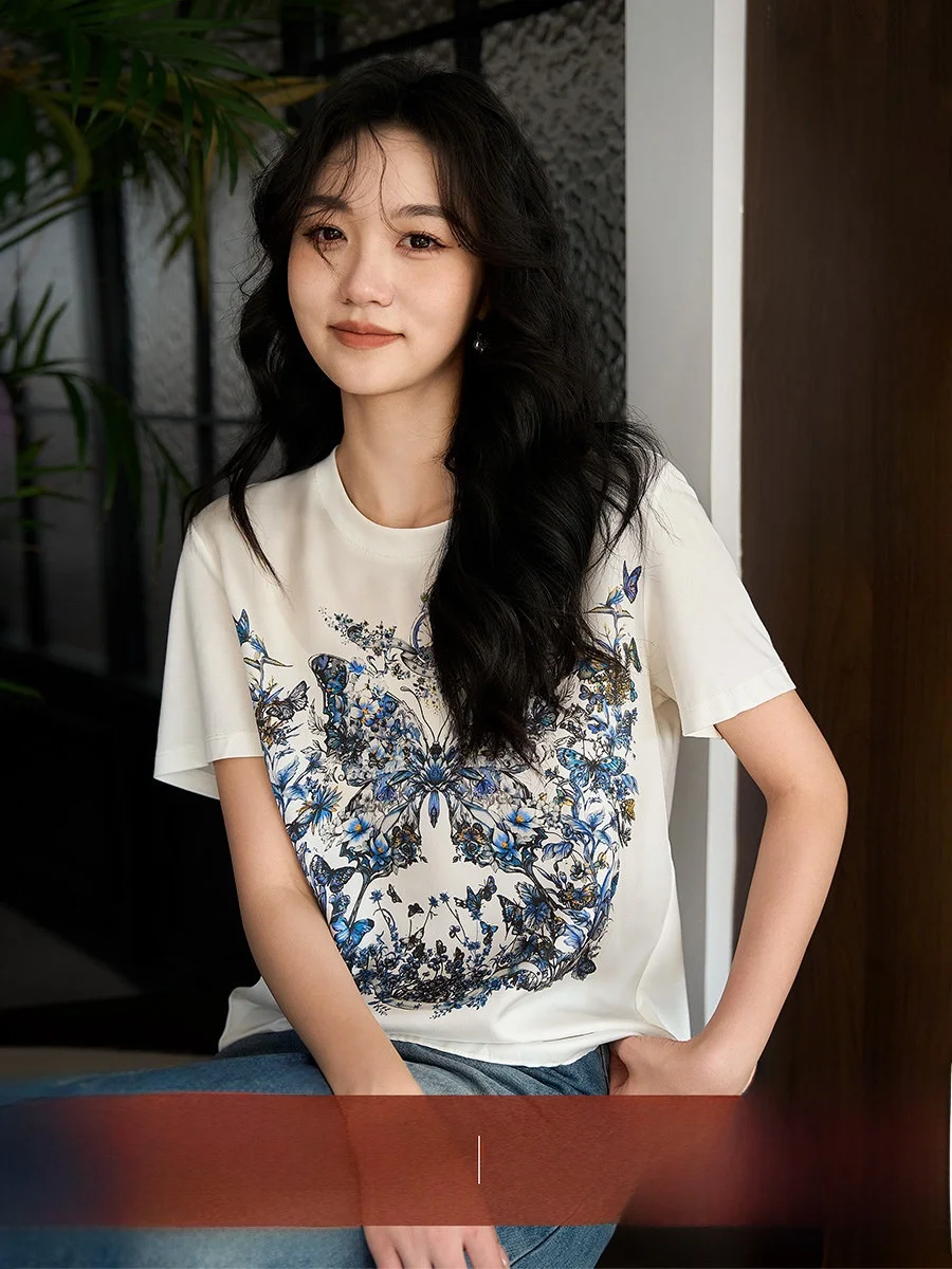 

Dream Short Sleeve T-Shirt Women's Silk Patchwork Blue Porcelain Print Shoulder Length Casual Summer Top