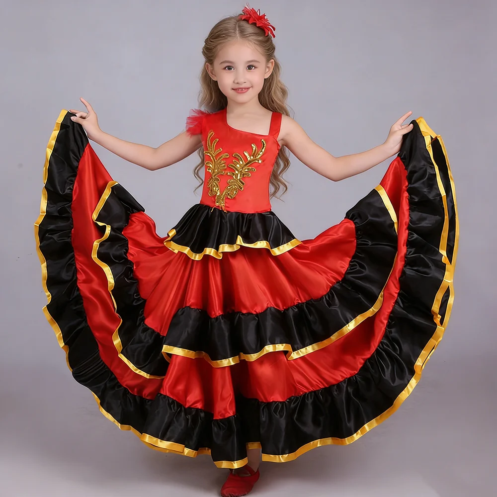 Abito Flamenco Spagnolo per Bambine, Vestito da Ballo con Balze a Strati in Raso, per Festival, Carnevale, Spettacoli Teatrali e Danza