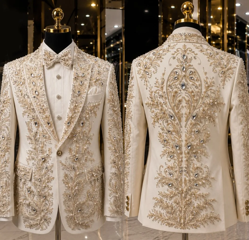 Gorgeous Men Banquet Jacket Big Crystal Beaded Pearls One Button Royal Prom Blazer Customized 1 Piece Celebrity Night Coat