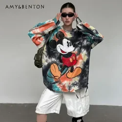 Women's Clothing Autumn 2024 New Retro Tie-dye Cartoon Printed Jacket Loose Soft Design Fashion Top Oversized Pink Sweatshirts