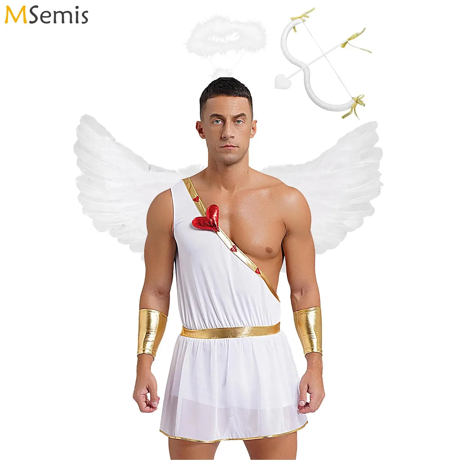 Disfraz de princesa Cupido de Halloween para hombre, vestido de mameluco con forma de corazón, alas de Ángel de plumas, Aro para el pelo para festivales, regalos del Día de San Valentín