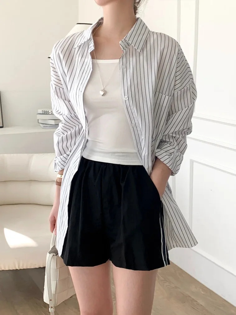 Chic Casual Striped irt Coat Loose Long Sve Women's Faion Ba Split Belted Design Autumn New Sle Commute Pure E-com...