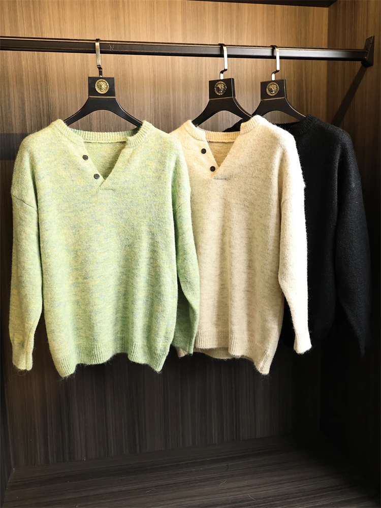 

Теплый вязаный свитер, мужской винтажный пуловер с v-образным вырезом из смеси шерсти, удобный повседневный модный осенне-зимний топ