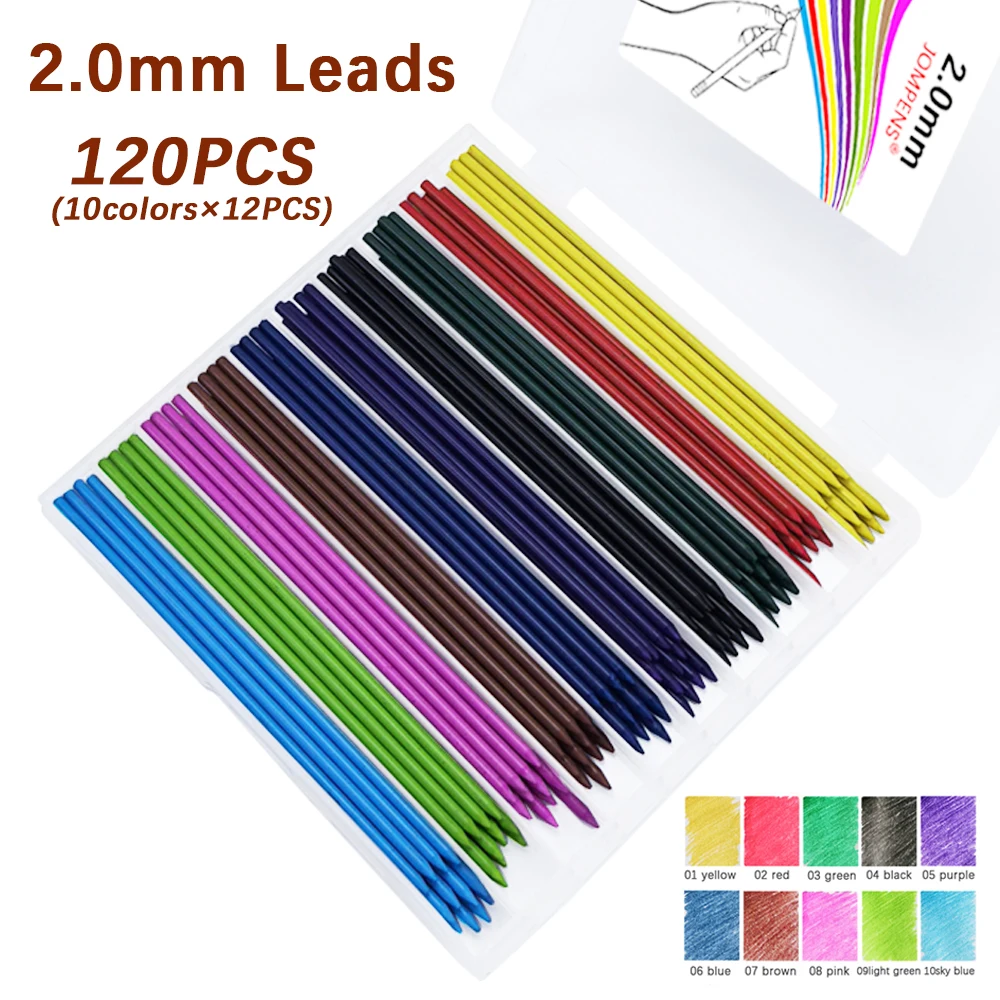 120Pcs/Box Large Capacity Mechanical Pencil Lead 2B 2.0MM 10 Color Replaceable Lead Automatic Pencil Writing Drawing Accessories