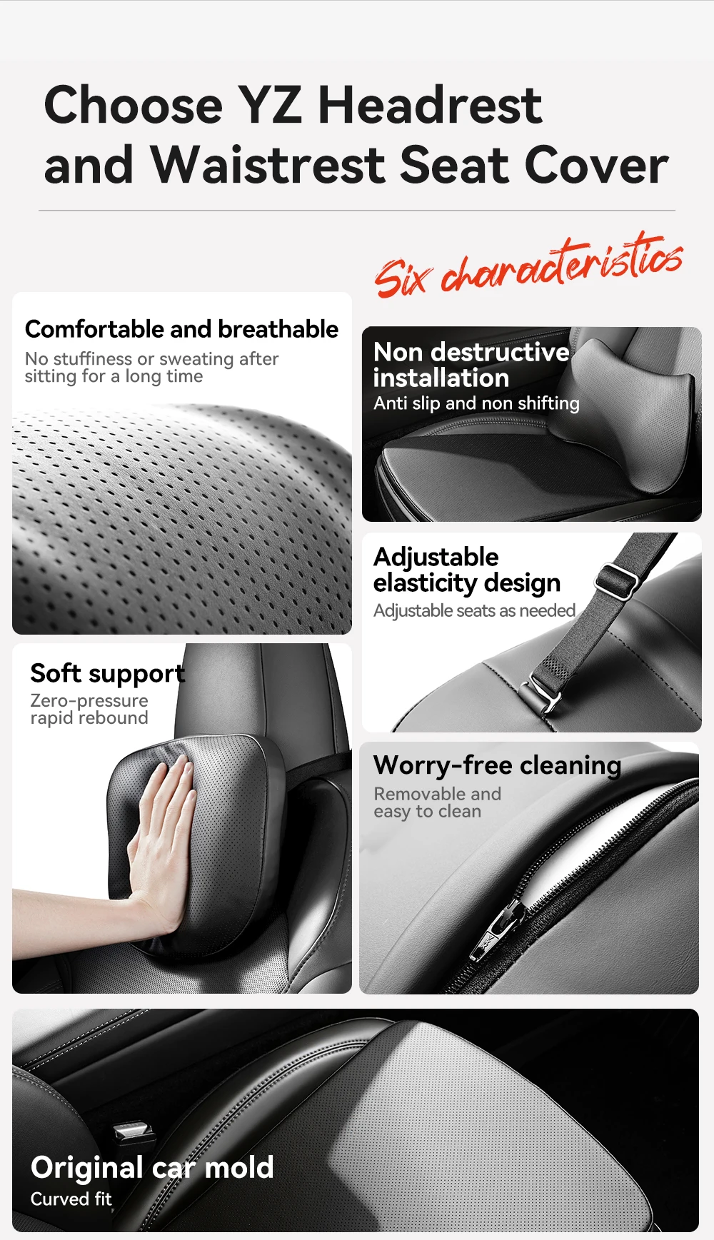 YZ Für Tesla Kissen Modell Y YL 3 Atmungsaktives Weiches Leder Kopfstütze Lendenwirbelstütze Sitzkissen Ergonomisches Memory-Schaum Nacken- und Taillenkissen – Detail 2