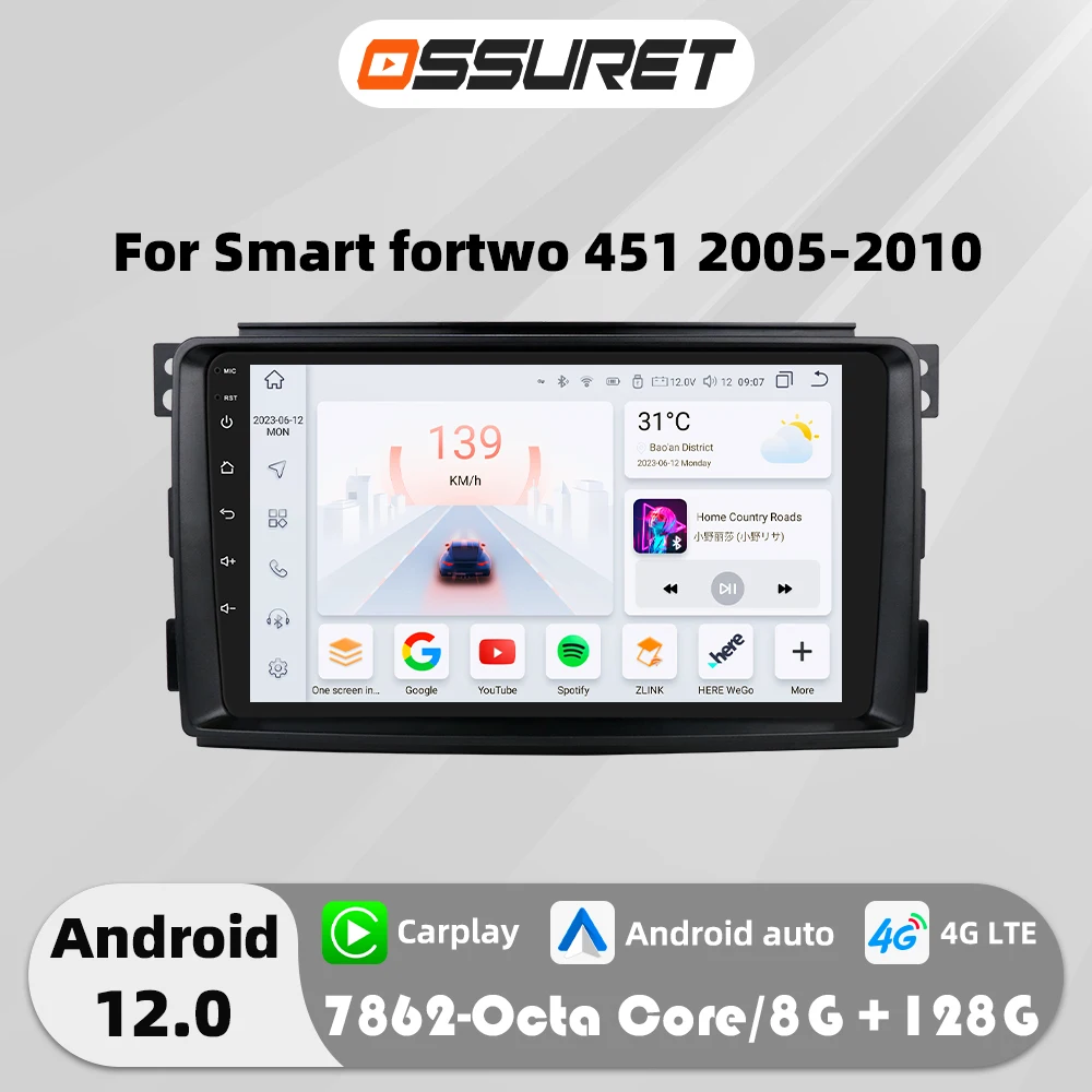 Car radio for Smart Fortwo 451 2005-2010 Android Auto multimedia Player DSP Carplay 4G Octa Core Head Unit QLED Screen 2Din SWC