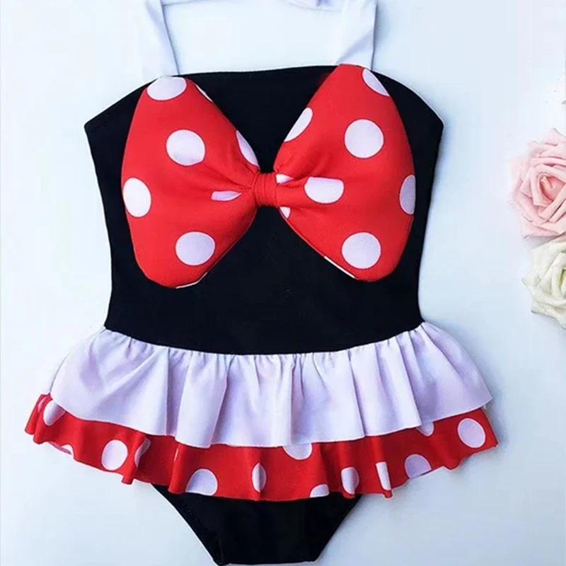 Baby Girl stroje kąpielowe księżniczka Mickey Mouse nadruk w kropki strój kąpielowy z kapeluszem dzieci strój do surfingu Kid niemowlę Cartoon Beach