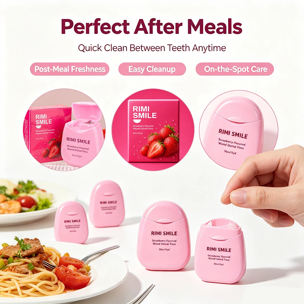 5pcs Sweet Strawberry‑Flavored Waxed Dental Floss 50M, RIMI SMILE Compact Travel‑Size Dental Floss, Soft on Gums for Daily