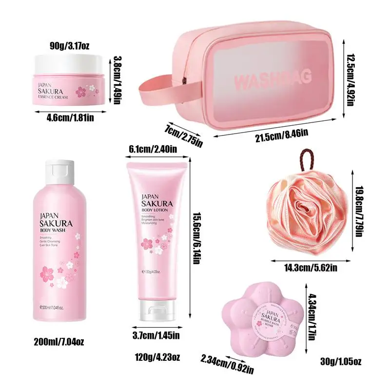 Cherry Bath Set Bath Travel Washing Set Body Moisturizing Set Bath Set Includes Scrub Shower Gel Bath Salt Bath Puff Body lotion